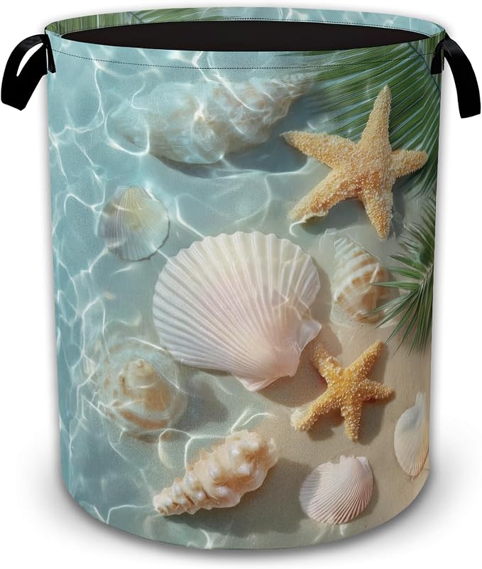 Sea Beach Laundry Basket,Starfish Shells Collapsible Laundry Baskets with Handles,Waterproof Oxford Cloth Hamper,Storage Organizer for Bathroom Bedroom Dorm