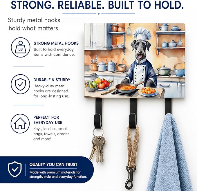 Caroline's Treasures Scottish Deerhound The Chef Leash or Key Holder Wall Hooks, Key Hooks Holder, Coat Rack Wall Mount, Coat Hooks, Hooks for Hanging Keys, Towels, Aprons, Leashes | Scottish Deerhound The Chef artwork on ceramic tile with three steel ...