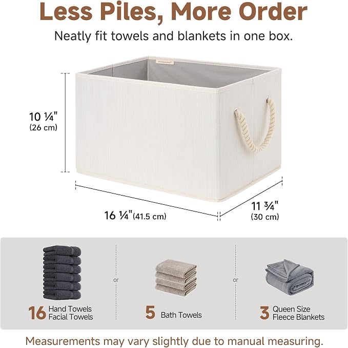 StorageWorks Fabric Storage Bins with Rope Handles, Beige, Extra Large | Collapsible Closet Storage Bins, Closet Organizer Bins for Clothes, Fabric Shelf Baskets and Storage