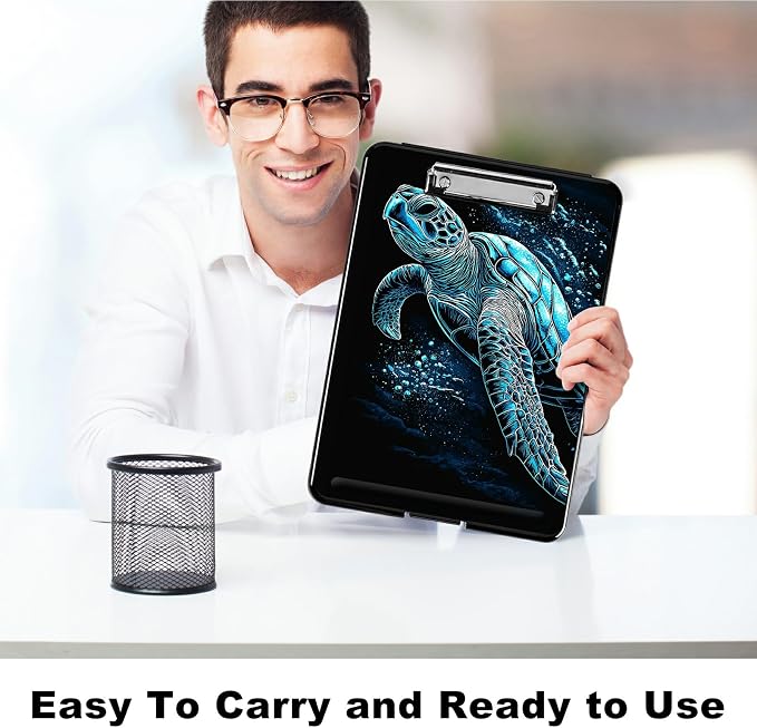 Heavy Duty Storage Clipboard, Slim Nursing Clipboard with Internal Pen Case, Portable File Organizer Case for A4 Letter Size Paper Office Medical Professionals, Blue Black Turtle
