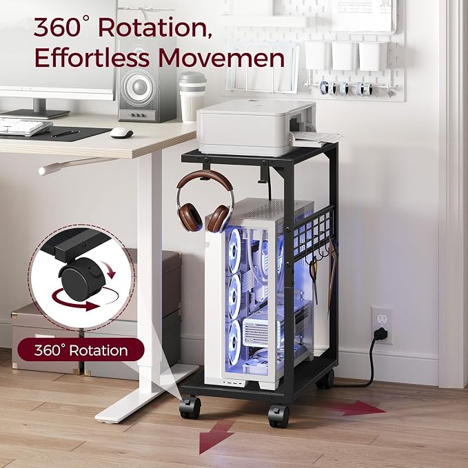 PC Stand, Computer Tower Stand with Charging Station, 16.9" W x 11.4" D x 27.6" H, Computer Cart with Wheels and Hooks, CPU Holder for Carpet, Floor and Under Desk, Easy Assembly, Black