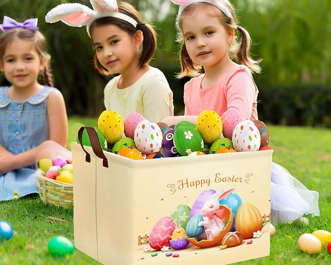 Large Rectangular Easter Baskets Empty Waterproof Boy Toy Box Foldable Kid's Gifts Storage Bin Spring Room Decor(Shell Breaking Rabbit Chicken)