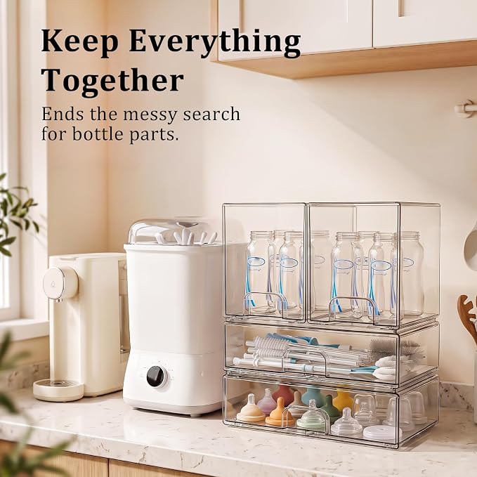 Clear Stackable Storage Drawers: Acrylic Organizer Bins 4 Pack | for Baby Bottle makeup Ideal for Countertop, Vanity, Station, Bathroom, Kichen Cabinet Pantry Organization
