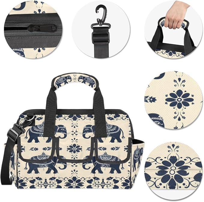 Elephant Heavy Duty Tool Bag 14.8 Inch Animal Print Portable Soft Tool Box Organizer Storage with Adjustable Shoulder Strap