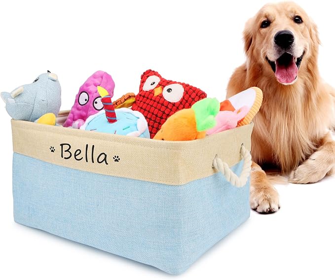 Personalized Dog Toy Storage Basket Bin Collapsible Customized Pet's Name Storage Box Organizer for Dog Toys、Dog Clothing、Dog Apparel & Accessories(Blue-S)