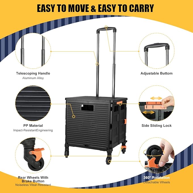 Foldable Utility Cart Portable Rolling Crate Handcart Shopping Trolley Collapsible Tool Box with Rotate Wheels Durable Duty Plastic Telescoping Handle Lid for Travel Move Office School(Black)