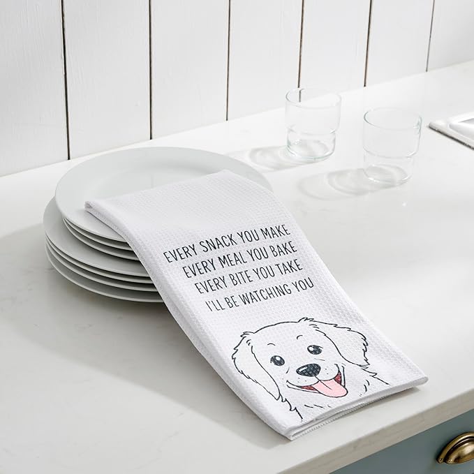 Set of 2 Waffle Weave Kitchen Towels, 380 GSM Absorbent Quick-Dry Microfiber Dish Towels, Funny Dog Tea Towels, 18 x 30 Inches, Gift for Dog Lovers, Kitchen Decor