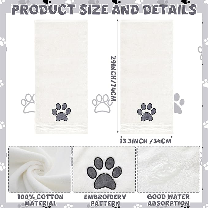 SmoothNovelty 2 Pcs Dog Paw Hand Towels Beige Bathroom Decor 13 x 29 Inch 100% Cotton Embroidered Soft Hand Towels Absorbent Farmhouse for Kitchen Restroom