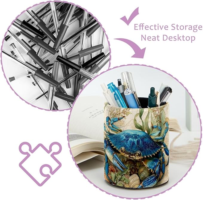 Faux Leather Pen Holder for Desk, Pencil Organizer Blue Crab Pen Cup Desk Decor Makeup Brush Holder Storage for Office Home