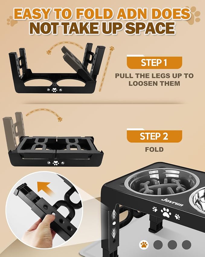 Jovrun Elevated Dog Bowls for Medium Large Dogs with Mat, Non-Slip Dog Feeder with 1*Stainless Steel Dishes & 1*Slow Feeder Bowl, 5 Heights Adjustable Raised Bowls for 3.15″-8.66″-9.84″-11.02″-12.2″