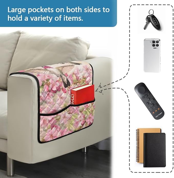 Hummingbird Cherry Blossom Chair Arm Protectors with 2 Pockets Stretch Couch Armrest Cover,Arm Rest Covers for Sofa,Dustproof Soft Armchair Covers for Arms Wasahble Sofa Arm Slipcover