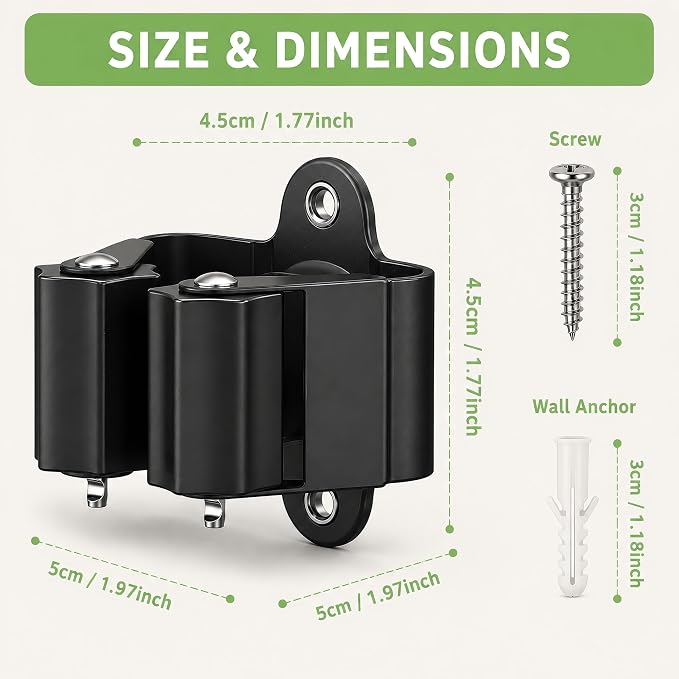 3-H Broom Holder Wall Mount 4 Pack, Heavy Duty Stainless Steel Mop and Broom Organizer Clips, Strong Grip Wall Mount Holders for Garage, Garden, Laundry Room & Utility Closet, Matte Black