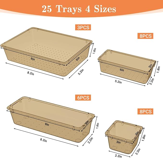 SpaceHacks 25 PCS Plastic Drawer Organizer, 4-Size Versatile Organizer Trays & storage Bins