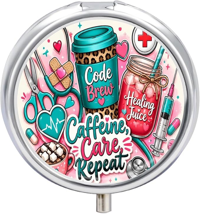 Cute Coffee and Care Collection Round Pill Box with 3 Compartments, Portable Travel Pill Organizer with Spring Snap Closure for Vitamins Supplements Fish Oil