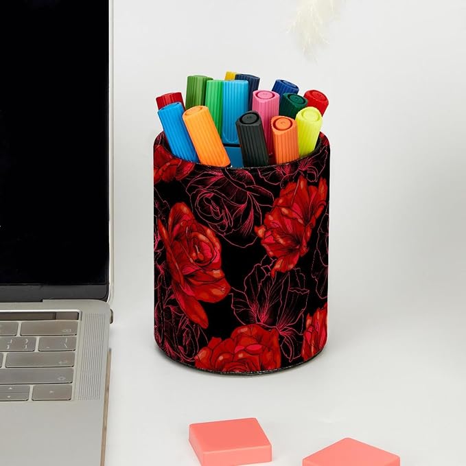 Pen Holder Red Blooming Rose Flowers Black Pencil Holder for Desk Makeup Organizer Office Supplies for Home,Kids and School