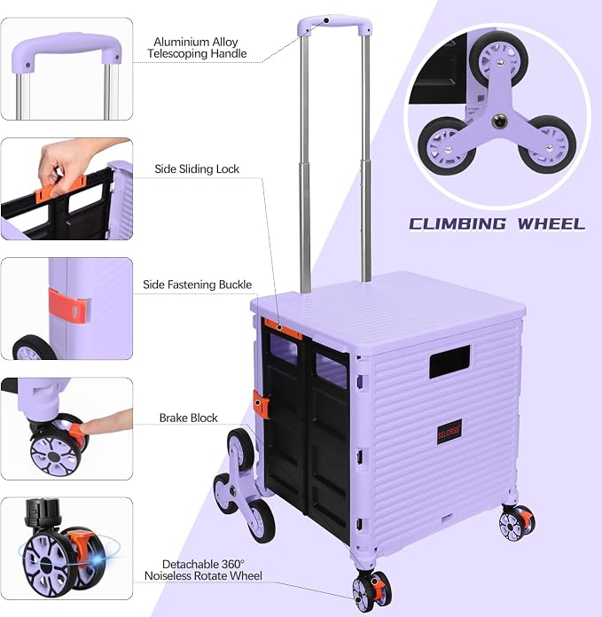 Foldable Utility Cart Collapsible Crate Rolling Carts with Stair Climbing Wheels Rolling Tote Basket Teacher Cart with Lid Wear-Resistant 360°Rotate Wheel Noiseless for Shopping Grocery Office