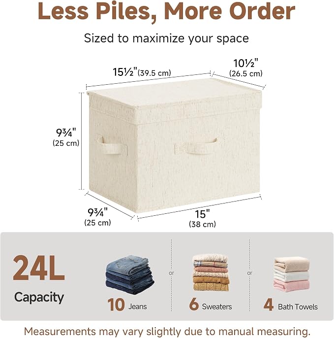 StorageWorks Fabric Storage Bins with Lids, Closet Storage Bins | Flip-Top Lid, 3 Handles, Collapsible, Stackable, for Clothes Blankets, Multi-Purpose, Large, Rustic Linen, 2-Pack