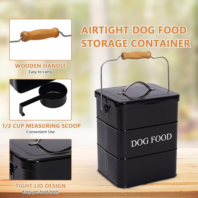 Geyecete Dog Treats tin and dog Food Storage Tin with Lid & with Spoon for dog Food Storage, Medium Pet Food Storage Can-Dog Food-Black