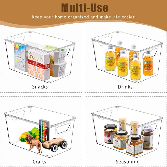 Freebat 12 Pack Clear Storage Bins with Lids, Middle Pantry 0rganizer Bins | Stackable Plastic Storage Containers, Pantry Organization for Office, Bedroom, Cabinet, Fridge,Kitchen Organization
