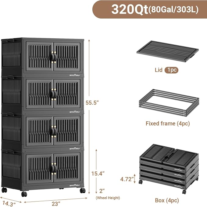 BROVIEW 320Qt Stackable Storage Bins with Lid for Home Dorm, 4Pack Black | Closet Organizers, Foldable & Collapsible Cabinets, Large Containers, Wheels & Magnetic Doors, Plastic Drawers for School