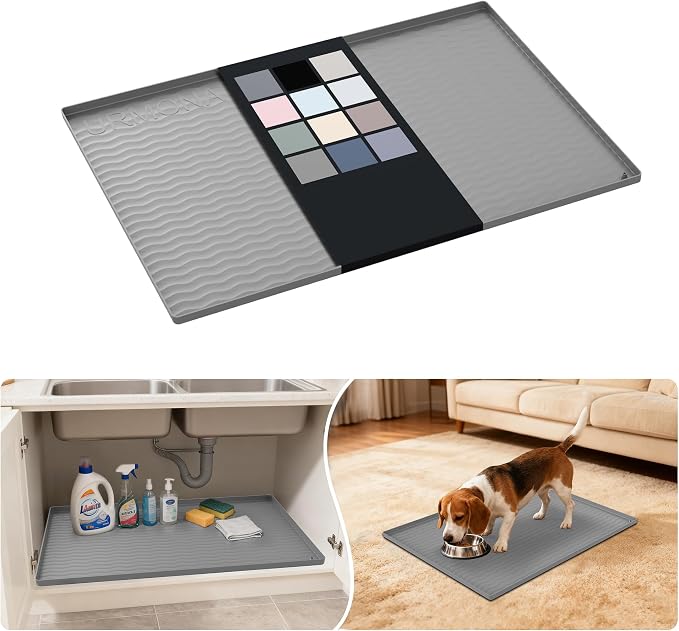 URMONA Waterproof Silicone Under Sink Mat 28'' x 22'' Shelf Liner for Kitchen and Bathroom, Cabinet and Counter Protector, Storage and Organizers, Litter Mat, Pet Cat Puppy Essentials(Beige)