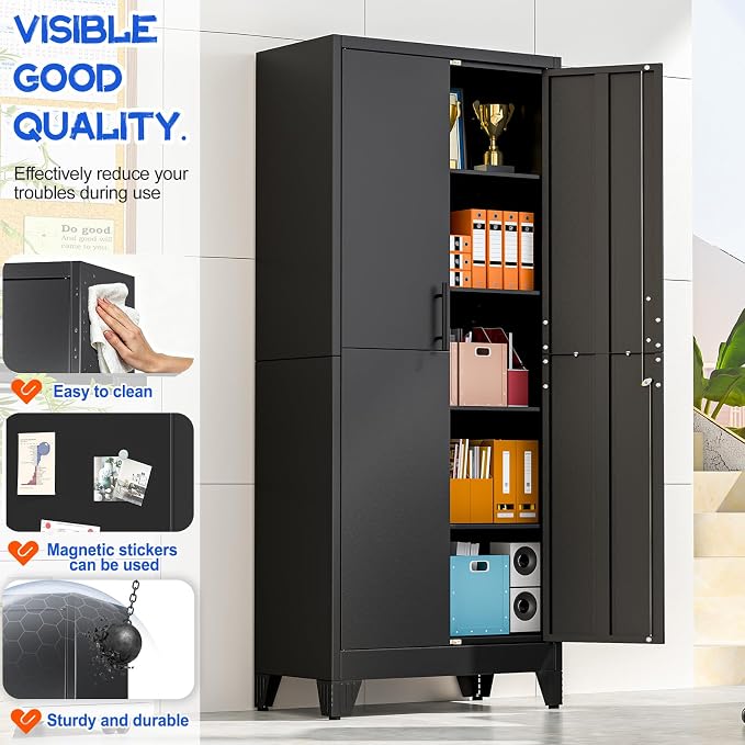 GAIOUS Tall Metal Storage Cabinet with Lock, 2 Doors Freestanding Steel Bookcase with Adjustable Shelves, Heavy Duty Lockable Office Filing Cabinet, Home Garage Utility Pantry Organizer Cabinet, Black