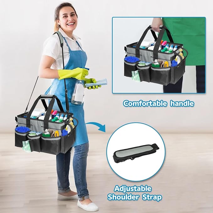 Cleaning Tool Organizer Bag with Handles, Cleaning Caddy, Grey | Cleaning Bag for Housekeepers,Detachable Shoulder Strap & Dividers, for Car Detailing, Housekeeping, Cleaners