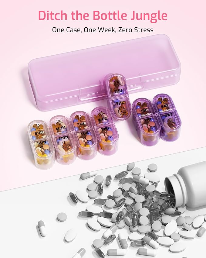 Daviky Pill Organizer 2 Times a Day, AM PM Pill Organizer Box Weekly 7 Day | Portable Travel Pill Organizer, Cute & Compact, Easy-Open Large Compartments, Reusable for Pills, Vitamins & Supplements