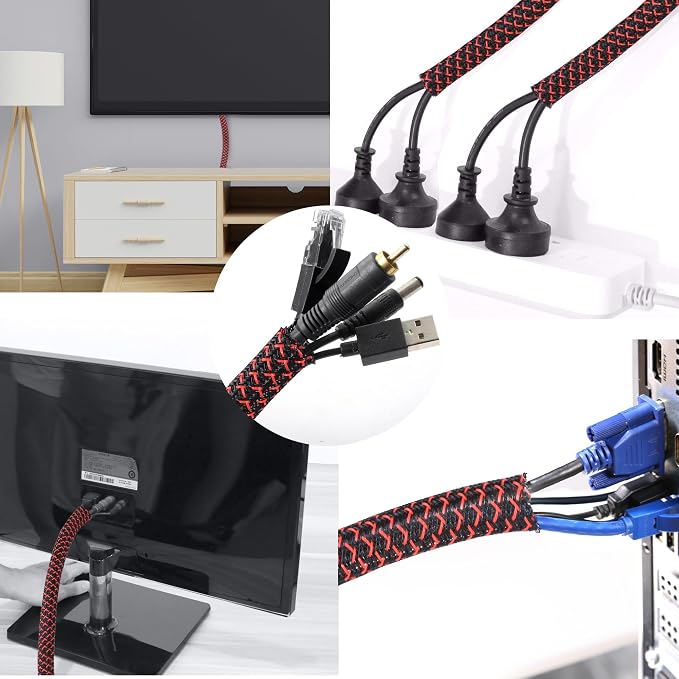 Cable Management Sleeve, Split Design, 10FT - 1/2 Inch, Black/Red | Cord Protectors from Pets | Heat & Abrasion Resistant Wire Loom | Automotive Wiring & Home Office Cable Organization