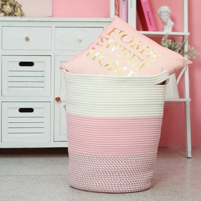 Sea Team Large Woven Cotton Rope Laundry Basket with Handles, 20 x 14 in | Collapsible Knitted Hamper, Closet Shelf Organizers, Containers for Clothing, Blankets, Toys, Bedding, Mottled Pink