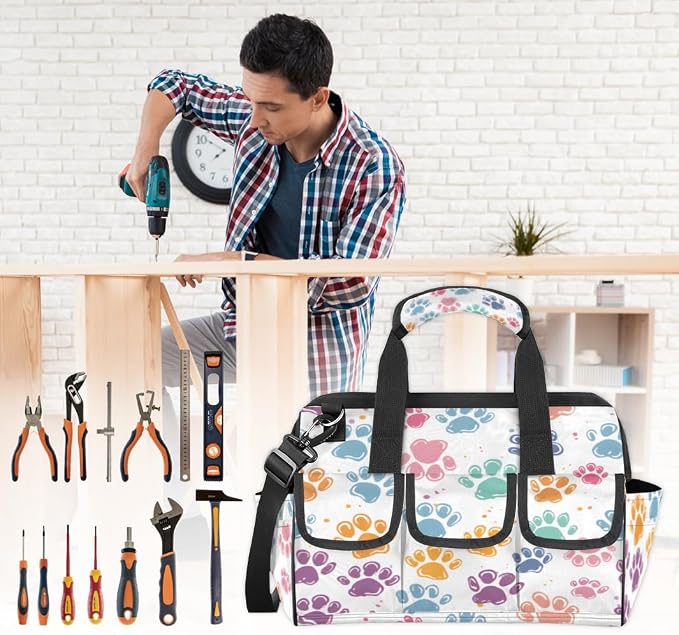 Cat Dog Paw Print Tool Bags for Men Women Multi-Pockets Wide Mouth Tool Organizer Storage Tote Bag Waterproof Stroage Bags with Adjustabe Shoulder Straper for Car Electrician Garden