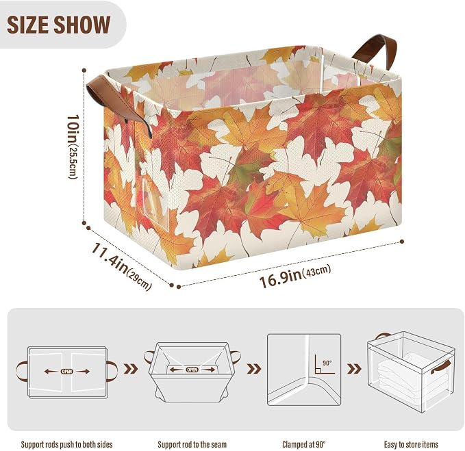 Orange Fall Maple Leaves Beige Storage Bins for Shelves with Labels&Handles Fabric Organizer Bin Foldable Rectangle Storage Basket Boxes for Closet, Bathroom, Home, Living Room