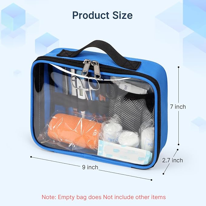Empty First Aid Bag Clear PVC Waterproof Organizer Pouch Zipper Colored First Aid Kit for EMT Outdoor Travel (Blue)