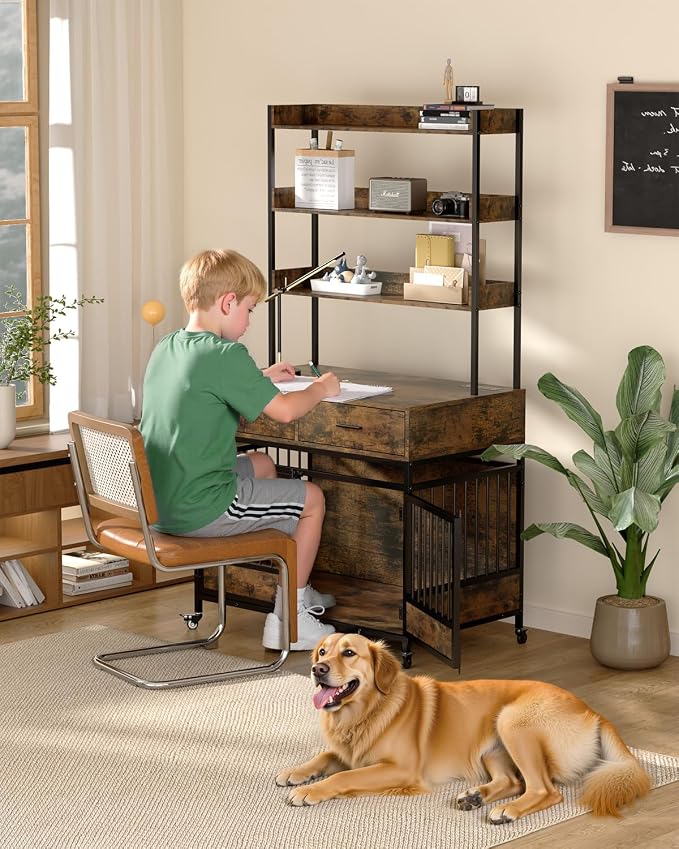Petrova 40" Dog Crate Furniture with LED Light & 2 Storage Drawers, Heavy Duty Indoor Dog Kennel for Medium/Small Dogs, Wooden Dog Cage with Power Outlets, Charging Station, Lockable Wheels, Brown