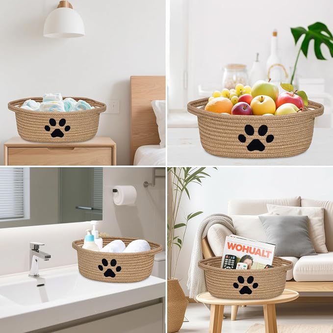 ABenkle Small Woven Basket with Handle, Cute Dog Baskets for Gifts Empty, Decorative Rope Woven Storage Dog Toy Basket, Nursery Baskets for Baby Shower, 12" x 8" x 5"