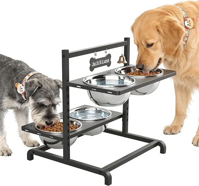 ADENGL Elevated Dog Bowl Stand with 4 Stainless Steel Bowls (1700ml/58oz) – 9 Height Adjustable Raised Pet Feeder from 4.9" to 14.5" for Large Dogs & Multi-Pet Homes, with Bone Name Tag