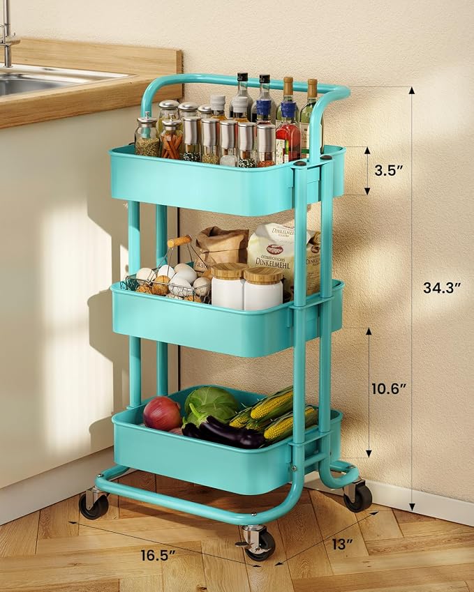 Pipishell Metal 3 Tier Rolling Cart with Handle & Wheels, Turquoise | Four Large 2" Wheels for Easier Movement, Sturdy Metal, Hold 22 lbs per Shelf, Ventilated Mesh Design, for Office and Kitchen