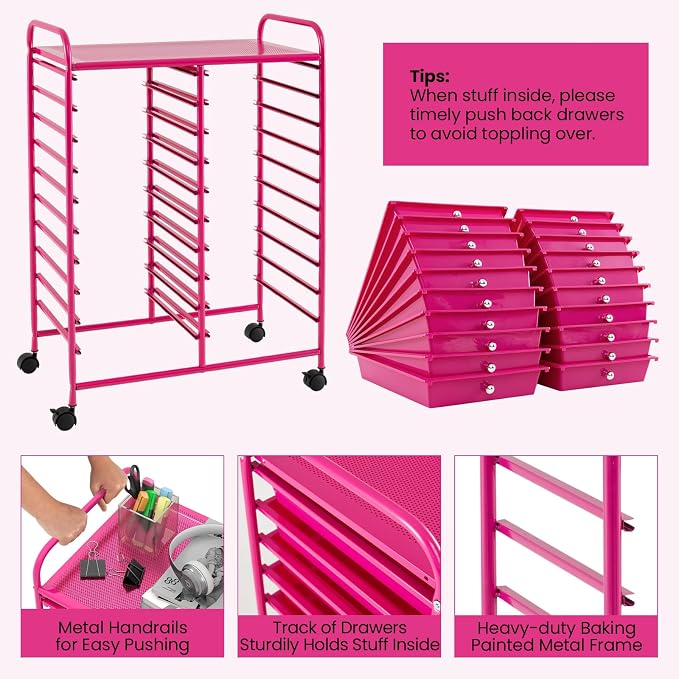 20 Drawer Rolling Storage Cart, Art Cart Organizer with Wheels for Makeup, Tool, Paper, Multipurpose Craft Storage Cart with Drawers for Office, Home, Classroom, School (Hot Pink)