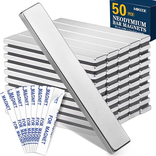 50Pcs Neodymium Magnets with Adhesive Backing 60x10x3mm Silver | Fridge Magnetic Strips Refrigerator Blocks Crafts Extra Super Sticky Bar for Science Experiments Classroom Craft Office