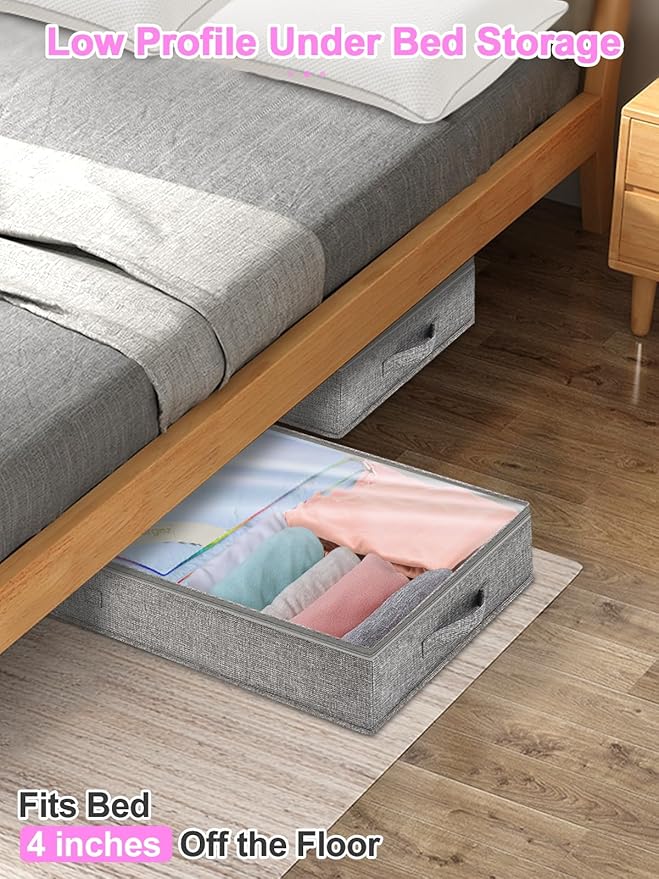 punemi 4 inch High Soft Low Profile Under Bed Storage Bins, 2 Pack, Grey | Foldable Clothes Storage Bag with Zippers & Clear Top, Shallow Design for Under Cabinet, Sofa, Crib & Bed Storage