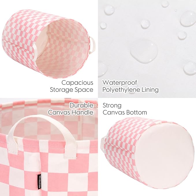 Sea Team Large Canvas Laundry Basket with Handles, Pink Grids | Collapsible Fabric Laundry Hamper, Closet Shelf Organizers, Containers for Clothing, Blankets, Toys, Bedding, 19.7 x 15.7”