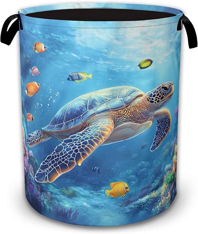 Laundry Hamper Foldable with Handles,Sea Turtle Oxford Cloth Basket,Fish Coral Colorful Large Capacity Storage Organizer for Bedroom Bathroom Dorm Room