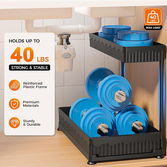 3-Pack 2-Tier L-Shaped Under Sink Organizers with Sliding Drawers | Multi-use kitchen & bathroom storage, 12.85 inch black cabinet organizer, space-saving sliding drawer design.