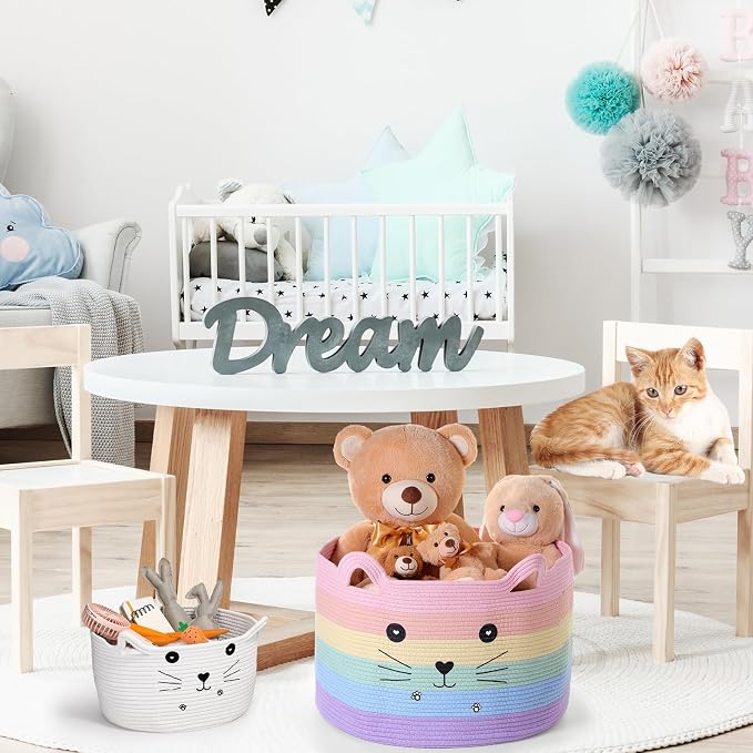 Zopeal Cat Storage Basket Woven Organizer with Ears Decorative Gift Cute Cotton Rope Pet Toy Basket for Gift Cat Dog Toy Bin Nursery Room(21.7 x 13.8 Inch,Macaron Color)