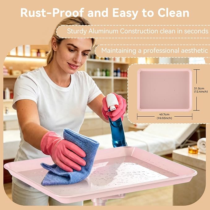 37" Rolling Salon Tray on Wheels Pink, Adjustable Height | Aluminum, Tool-Free Assembly, Stable Base, 360 Mobility, For Spa Clinic Tattoo Studio and Home Salon Use