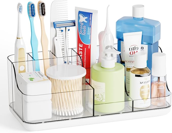 Mens Bathroom Organizer Countertop,Bathroom Sink Caddy Countertop Storage,White 7 Slot Vanity Bathroom Toiletry Organizers and Toothbrush Holders for Toothpaste,Electric Tooth Brush Organizer