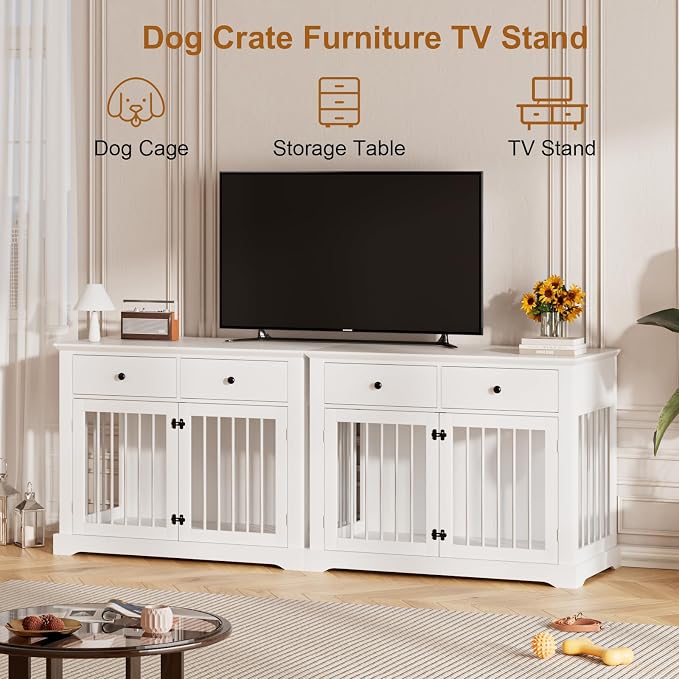 44inch Large Dog Crate Furniture with Storage Drawers for Indoor, White | Large Decorative Wooden Dog Kennel Indoor with Storage Drawers, Multipurpose End Table Cage Suitable for Small Dogs