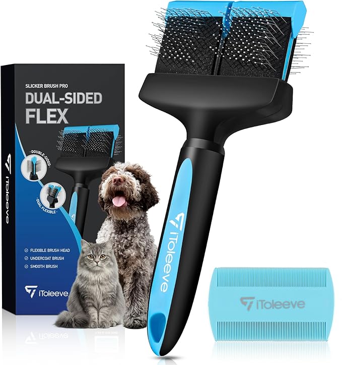 iToleeve Dual Flex Slicker Brush Dog Brush, Gentle Grooming Tool for Sensitive Dogs & Cats - Ideal for Long Hair, Removes Undercoat, Tangles, and Knots