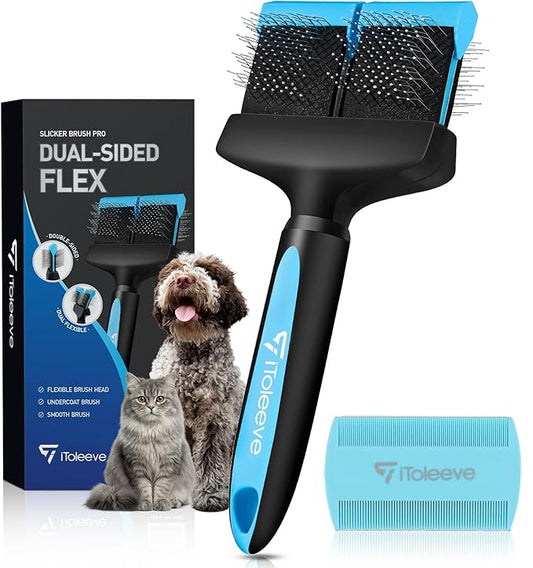 iToleeve Dual Flex Slicker Brush Dog Brush, Gentle Grooming Tool for Sensitive Dogs & Cats - Ideal for Long Hair, Removes Undercoat, Tangles, and Knots