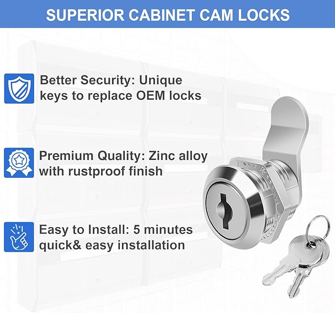 Cylinnda 5/8" Zinc Alloy Cam Locks (8 Pack) with Keys - Keyed Alike Set for Mailbox, Toolbox and Pickup Trucks